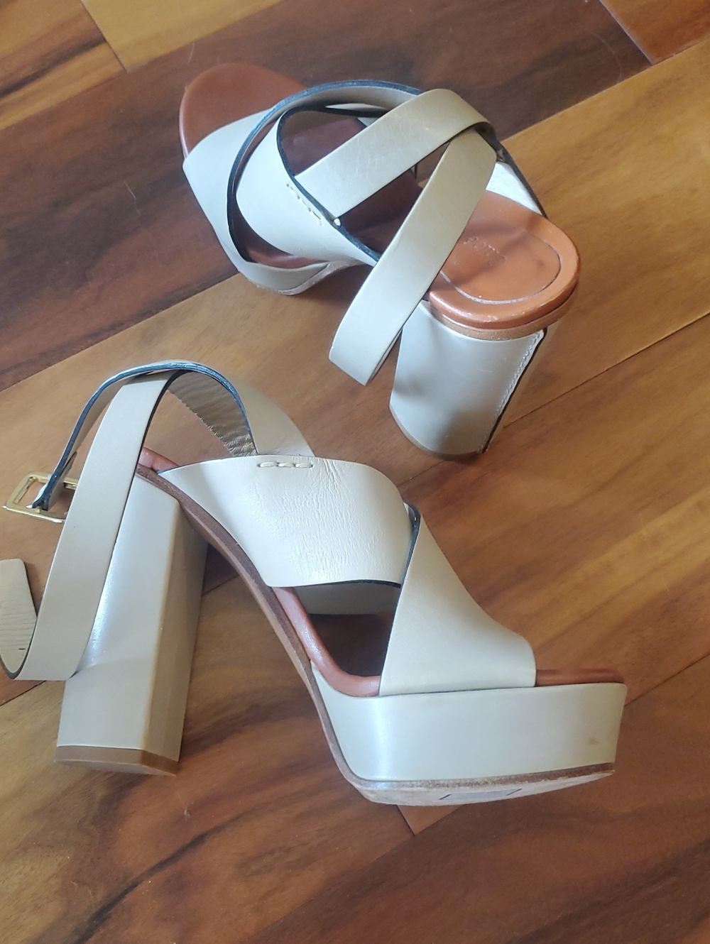 Chloe Cream Leather Platform Block Heel Sandals